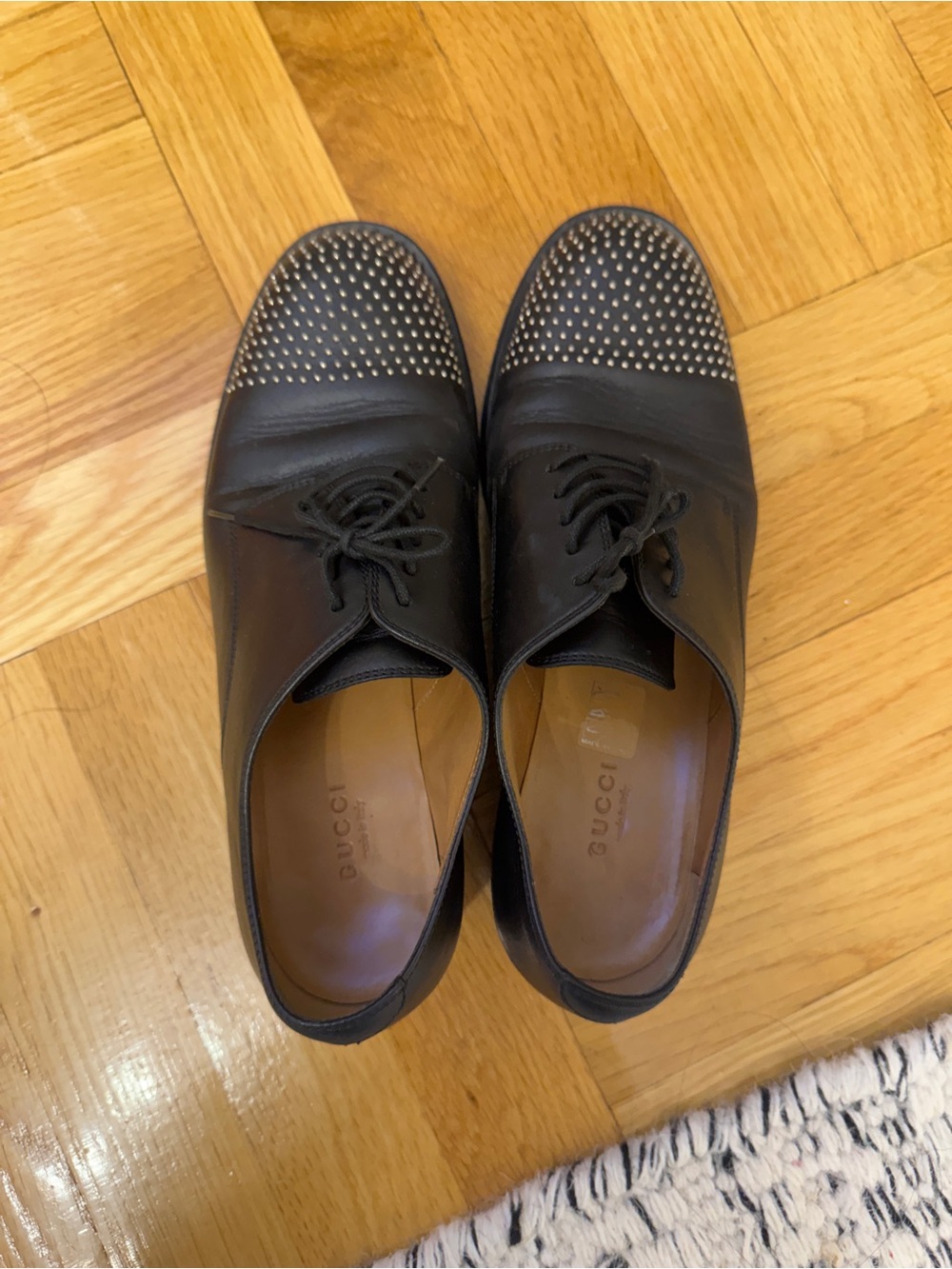 Gucci Black Leather Lace-Up Oxfords with Silver Studded Toe